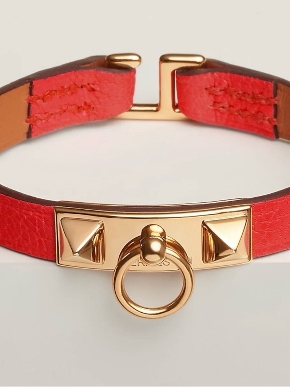 Hermes Red Leather Rivale Bracelet with Gold Pyramid Studs and Ring